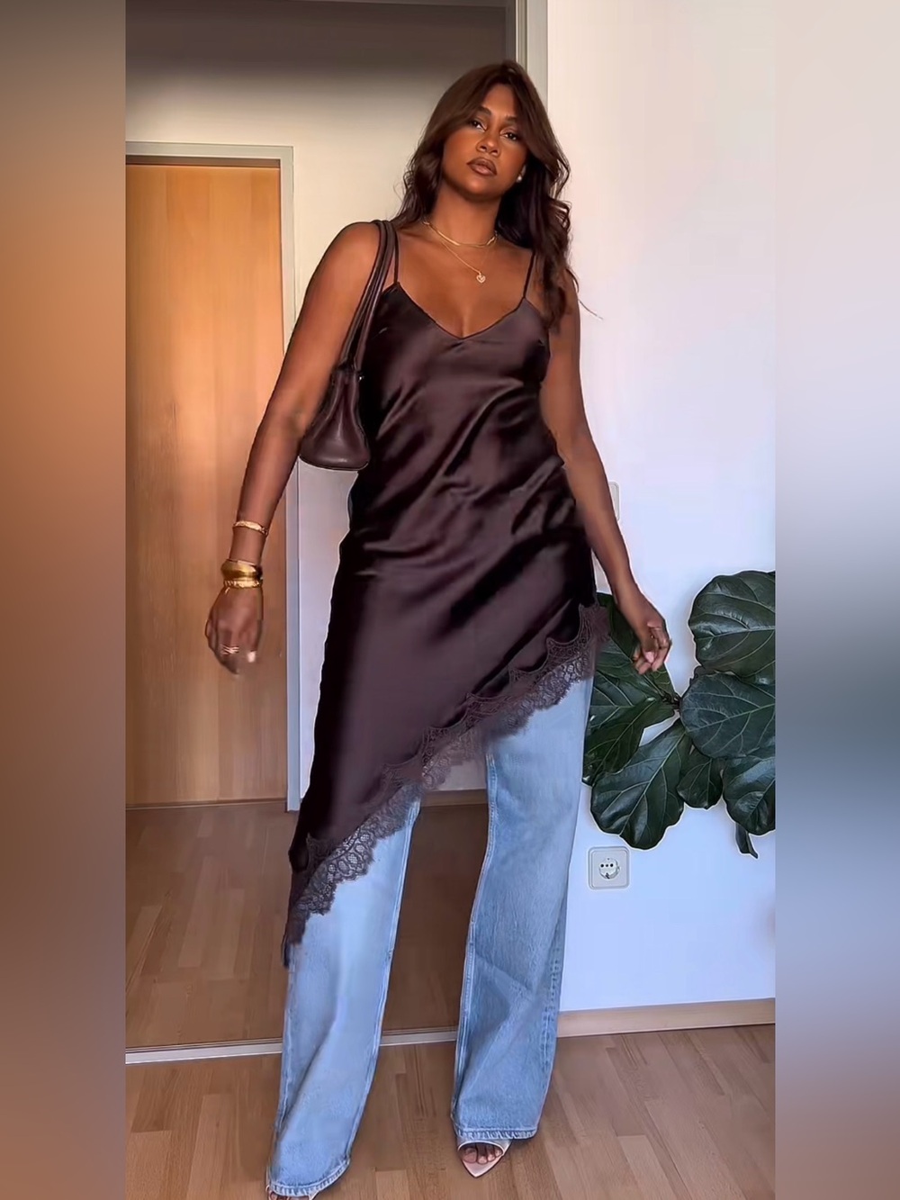 Zara Satin Slip Dress with Lace Hem in Deep Brown - Picture 7 of 17